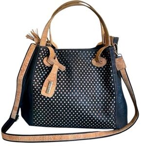 Artelusa Black Cork Vegan Leather Handbag  Die-Cut Pattern Convertible Crossbody